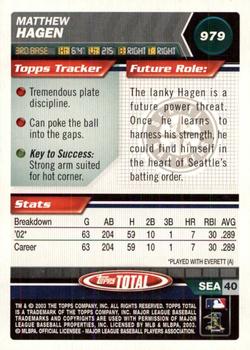 2003 Topps Total - Silver #979 Matthew Hagen Back