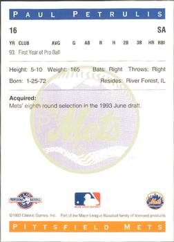 1993 Classic Best Pittsfield Mets #16 Paul Petrulis Back