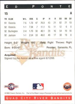 1993 Classic Best Quad City River Bandits #15 Ed Ponte Back