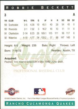 1993 Classic Best Rancho Cucamonga Quakes #3 Robbie Beckett Back