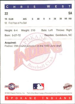 1993 Classic Best Spokane Indians #22 Chris West Back