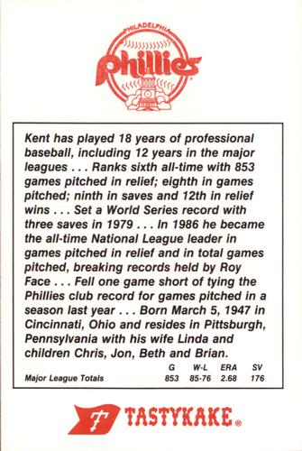 1987 Tastykake Philadelphia Phillies #NNO Kent Tekulve Back