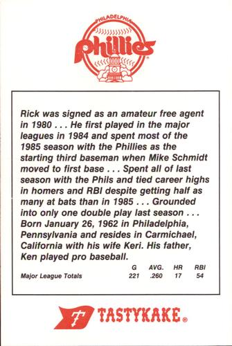 1987 Tastykake Philadelphia Phillies #NNO Rick Schu Back