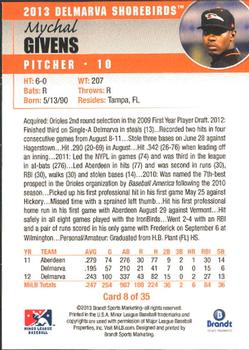 2013 Brandt Delmarva Shorebirds #8 Mychal Givens Back