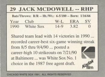 1991 Kodak Chicago White Sox #29 Jack McDowell Back