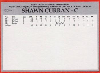 1994 Baltimore Orioles Program Cards #NNO Shawn Curran Back
