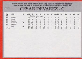 1994 Baltimore Orioles Program Cards #NNO Cesar Devarez Back