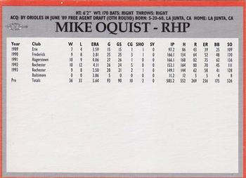 1994 Baltimore Orioles Program Cards #NNO Mike Oquist Back
