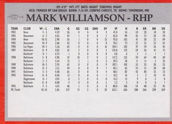 1994 Baltimore Orioles Program Cards #NNO Mark Williamson Back