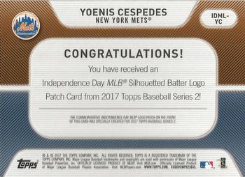 2017 Topps - Independence Day Commemorative MLB Logo Patch #IDML-YC Yoenis Cespedes Back