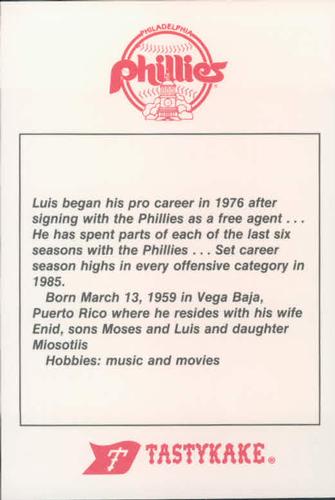 1986 Tastykake Philadelphia Phillies #NNO Luis Aguayo Back