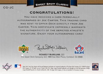 2003 Upper Deck Sweet Spot Classic - Autographs Black Ink #CG-JC Joe Carter Back