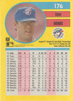 1991 Fleer #176 Tom Henke Back