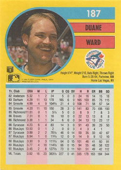 1991 Fleer #187 Duane Ward Back