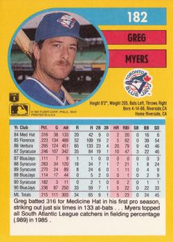 1991 Fleer #182 Greg Myers Back