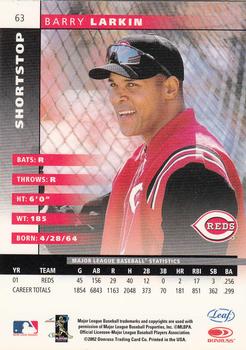 2002 Leaf #63 Barry Larkin Back