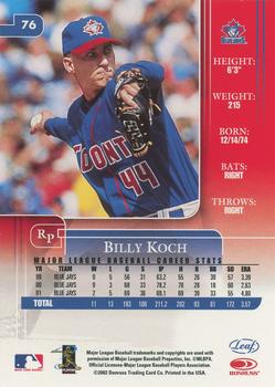 2002 Leaf Rookies & Stars #76 Billy Koch Back