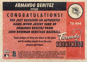 2004 Bowman Heritage - Threads of Greatness #TG-AGB Armando Benitez Back