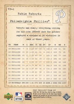 2007 Upper Deck Philadelphia Phillies Alumni Night - Vintage Phillies #VP-1 Robin Roberts Back