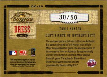 2004 Donruss Classics - Dress Code Combos Material #DC-29 Torii Hunter Back