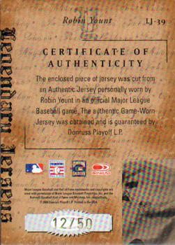 2004 Donruss Classics - Legendary Jerseys Material Number #LJ-39 Robin Yount Back