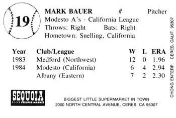 1985 Chong Modesto A's #19 Mark Bauer Back