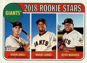 2018 Topps Heritage #16 Giants 2018 Rookie Stars (Ryder Jones / Miguel Gomez / Reyes Moronta) Front