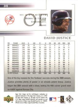 2002 Upper Deck #245 David Justice Back
