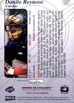 2004 Choice Brooklyn Cyclones #25 Danilo Reynoso Back