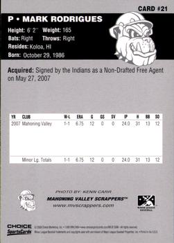 2008 Choice Mahoning Valley Scrappers #21 Mark Rodrigues Back
