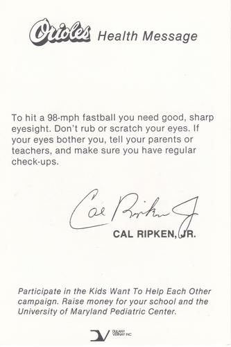 1985 Baltimore Orioles Health Message SGA #NNO Cal Ripken, Jr. Back