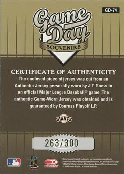 2004 Donruss Studio - Game Day Souvenirs Number #GD-74 J.T. Snow Back