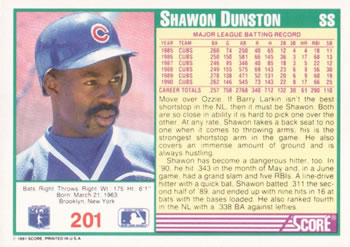1991 Score #201 Shawon Dunston Back