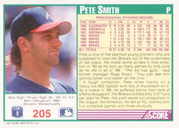 1991 Score #205 Pete Smith Back
