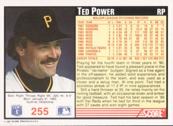 1991 Score #255 Ted Power Back