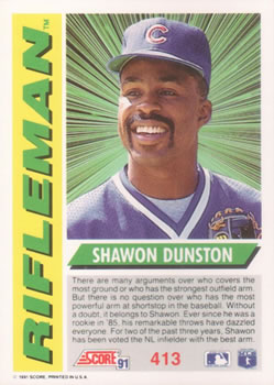 1991 Score #413 Shawon Dunston Back