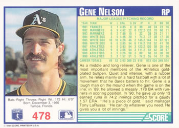 1991 Score #478 Gene Nelson Back