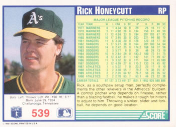 1991 Score #539 Rick Honeycutt Back