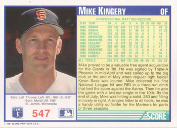 1991 Score #547 Mike Kingery Back