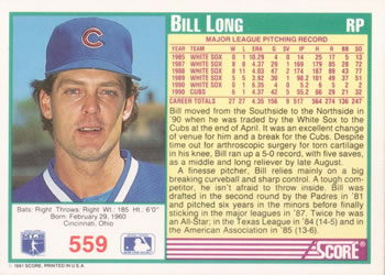 1991 Score #559 Bill Long Back