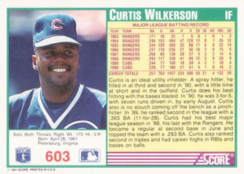 1991 Score #603 Curtis Wilkerson Back