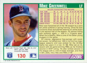 1991 Score #130 Mike Greenwell Back