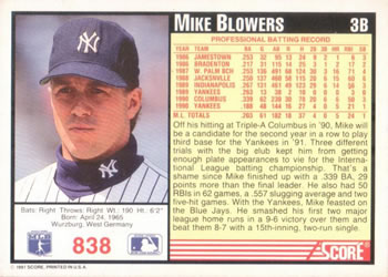 1991 Score #838 Mike Blowers Back
