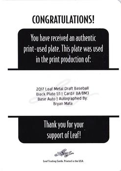2017 Leaf Metal Draft - Printing Plates Black #BA-BM3 Bryan Mata Back