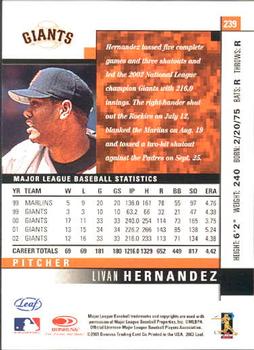 2003 Leaf #239 Livan Hernandez Back