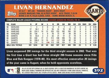 2003 Topps #392 Livan Hernandez Back