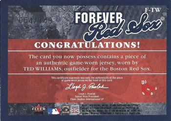 2004 Fleer Greats of the Game - Forever Game Jersey Logo #F-TW Ted Williams Back