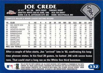 2003 Topps Chrome #332 Joe Crede Back