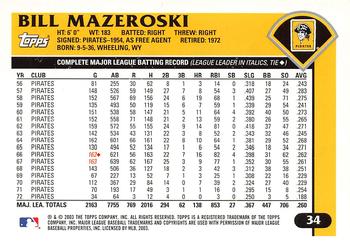 2003 Topps Retired Signature Edition #34 Bill Mazeroski Back