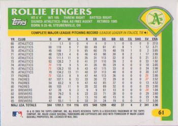 2003 Topps Retired Signature Edition #61 Rollie Fingers Back